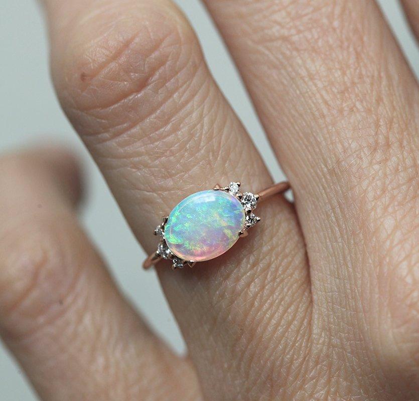 Oval Opal Ring with Side White Round Diamonds