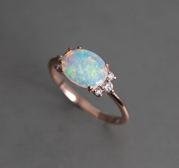 Oval Opal Ring with Side White Round Diamonds