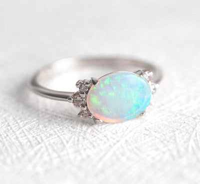 Oval Opal Ring with Side White Round Diamonds