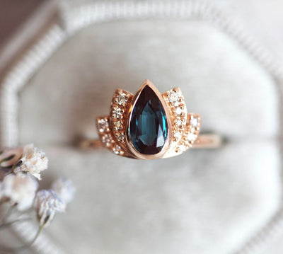 Teal Pear Alexandrite RIng with Round White Diamonds Inspired by Lotus Flower
