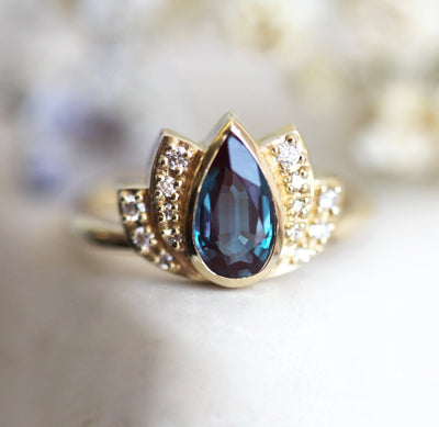 Teal Pear Alexandrite RIng with Round White Diamonds Inspired by Lotus Flower