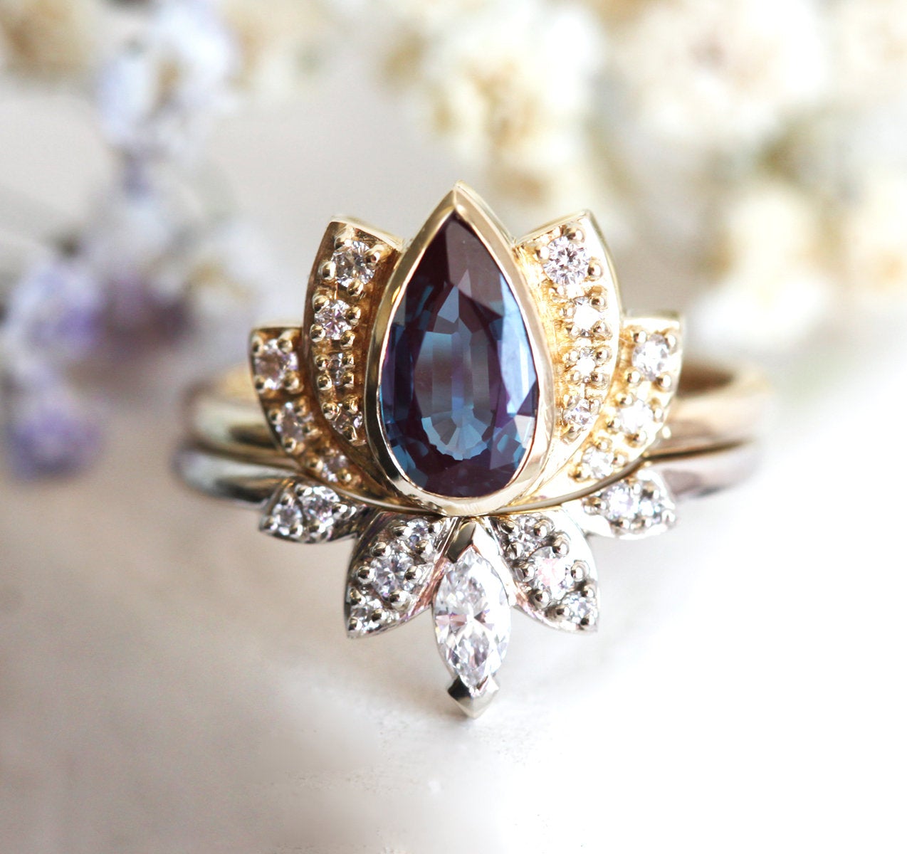 Teal Pear Alexandrite RIng Set with Round White Diamonds Inspired by Lotus Flower