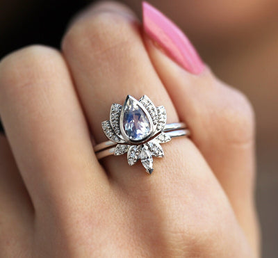 Pear Moonstone Flower Ring Set with White Diamonds