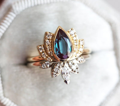 Pear Alexandrite Flower Ring Set with White Diamonds