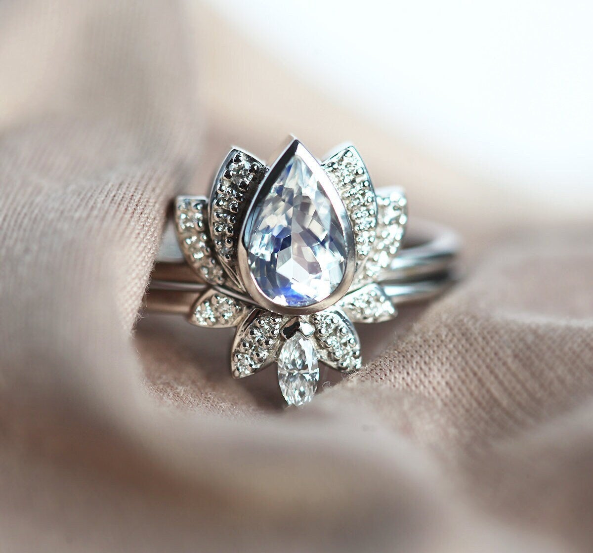 Pear Moonstone Flower Ring Set with White Diamonds