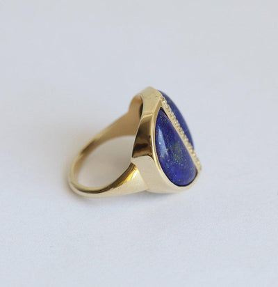 Unique 2 Half Moon Shape Lapis Lazuli Gemstone Ring with small White Diamonds in-between