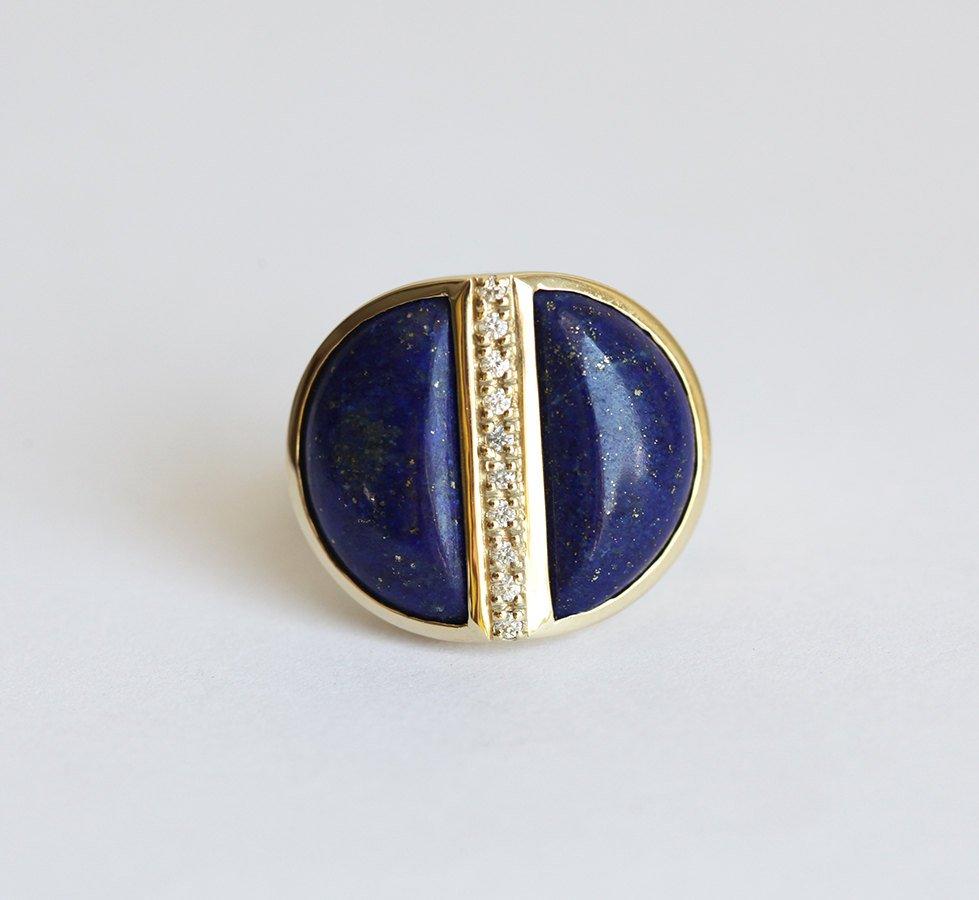 Unique 2 Half Moon Shape Lapis Lazuli Gemstone Ring with small White Diamonds in-between