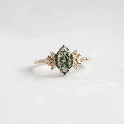 Lara Hexagon Moss agate diamond cluster engagement ring - Capucinne