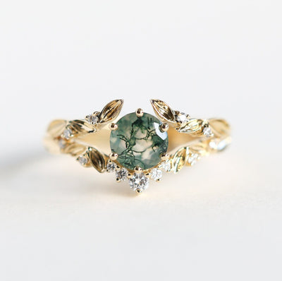 Leaf moss agate ring set with leaf diamond band - Capucinne