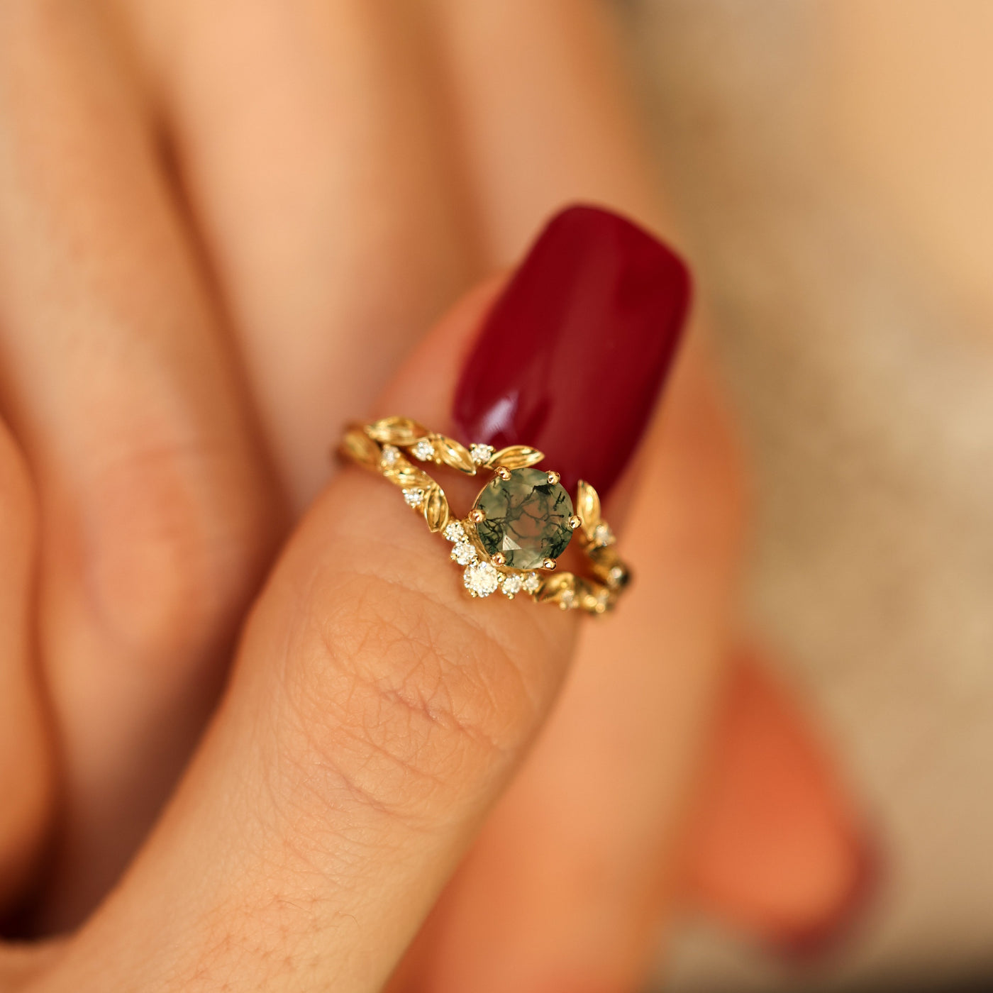 Leaf moss agate ring set with leaf diamond band - Capucinne