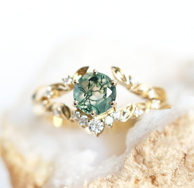 Leaf moss agate ring set with leaf diamond band - Capucinne