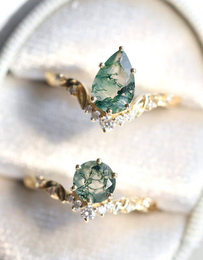 Leaf pear moss agate engagement ring with diamonds - Capucinne