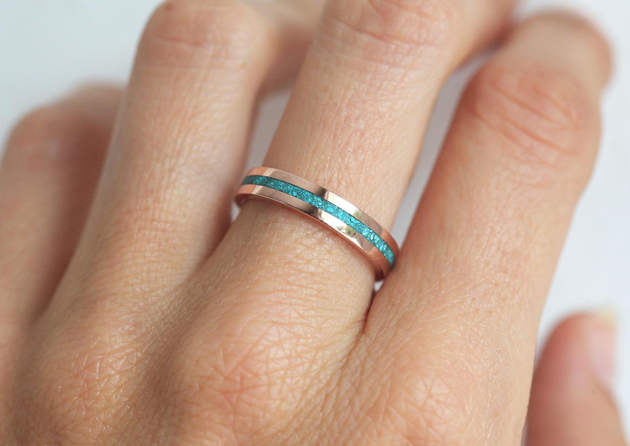 Turquoise Inlay Gold Wedding Band For Men
