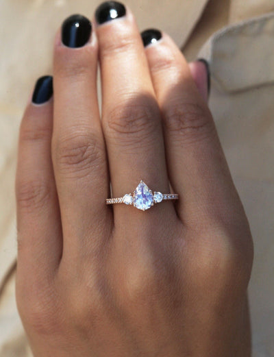 3-Stone Pear Moonstone Engagement Ring with Side Round Diamonds