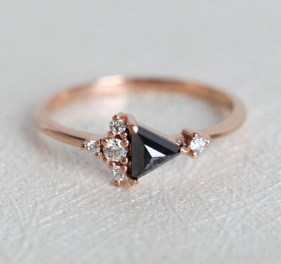 Triangle Cut Black Diamond Cluster Ring with Side White Round Diamonds