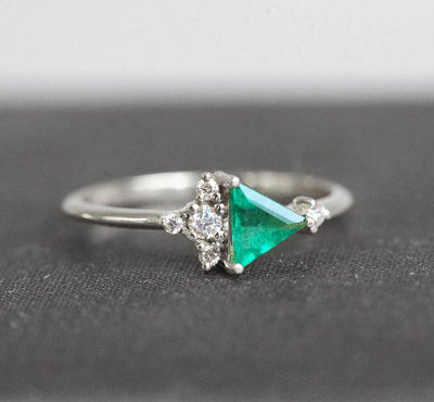 Triangle-Cut Emerald Cluster Ring with White Diamonds