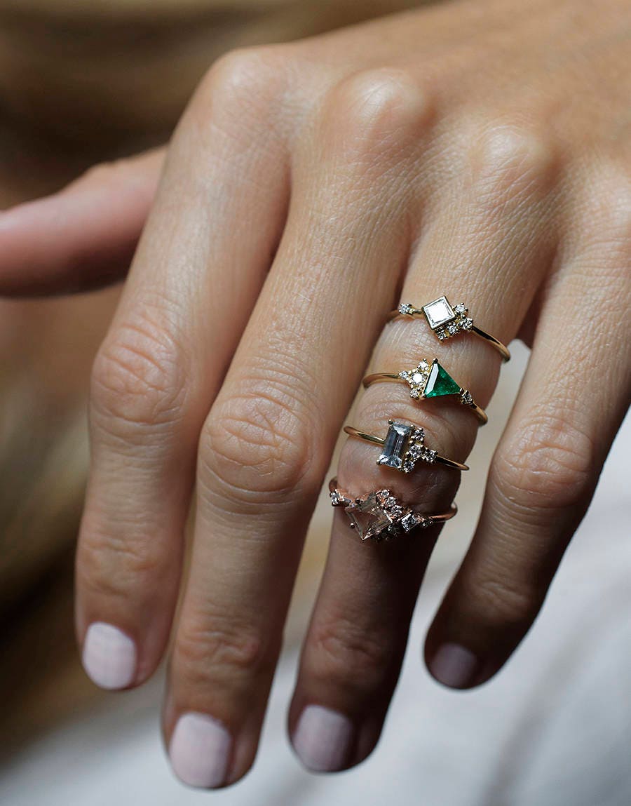 Triangle-Cut Emerald Cluster Ring with White Round Diamonds with other rings