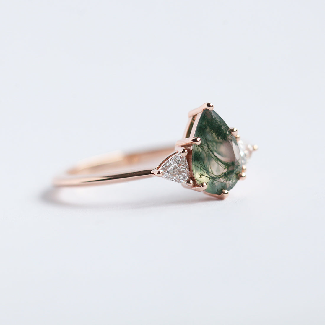 Green Pear Moss Agate Ring with Accent Round White Diamonds