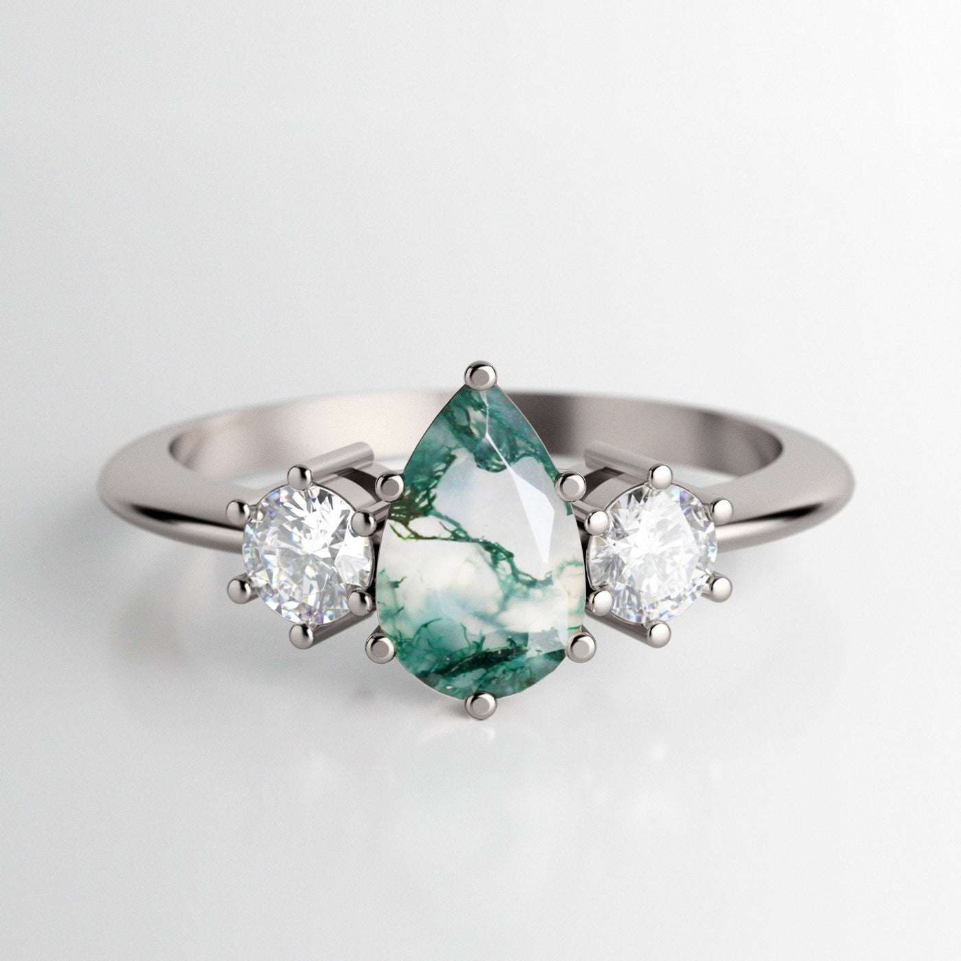 Green Pear Moss Agate, Platinum Ring with Accent Round White Diamonds
