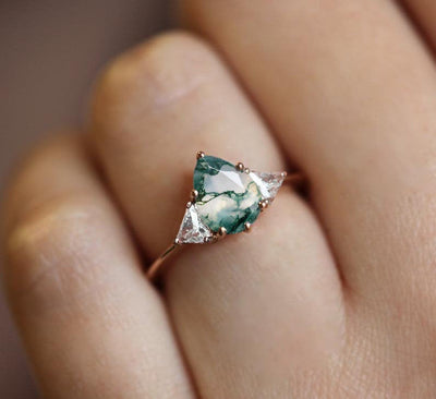 Green Pear Moss Agate Ring with Accent Round White Diamonds