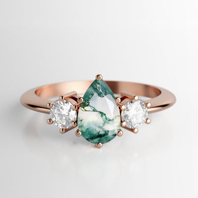 Green Pear Moss Agate, Rose Gold Ring with Accent Round White Diamonds