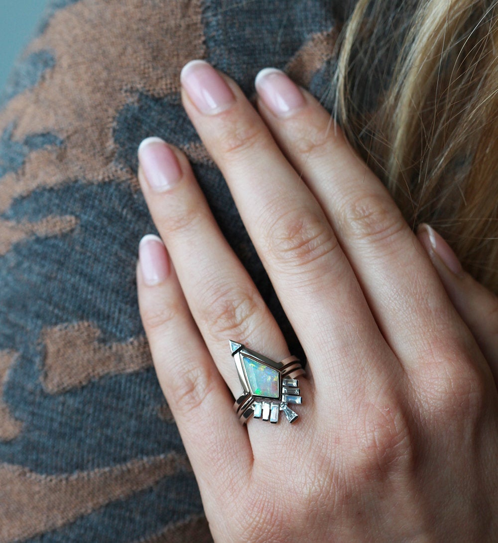 White Kite Opal Ring Set with Baguette Moonstones and Baguette Tapered Diamonds