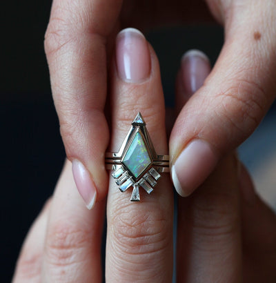 White Kite Opal Ring Set with Baguette Moonstones and Baguette Tapered Diamonds