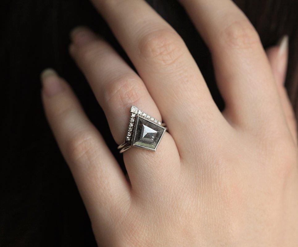 Kite Salt & Pepper Diamond Ring Set with Side Princess-Cut and Round White Diamonds