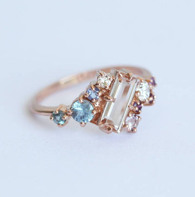 Baguette Morganite Cluster Ring with Side White Diamonds, Sapphires and Amethysts