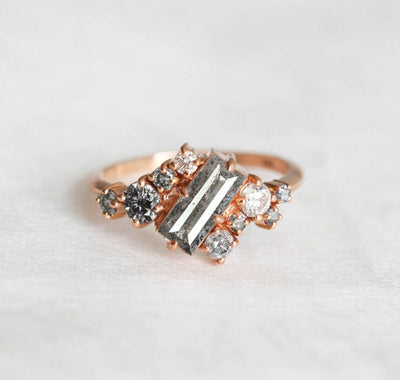 Baguette Salt & Pepper Diamond Cluster Ring with Side White Diamonds and Salt & Pepper Diamonds