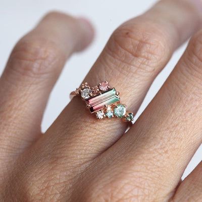 Watermelon Baguette Tourmaline Cluster Ring with Round White Diamonds, Mint Tourmalines and Pink Sapphires
