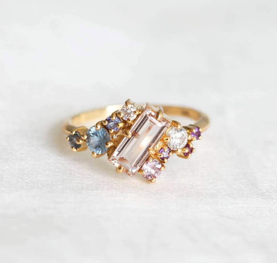 Watermelon Baguette Morganite Cluster Ring with Round Sapphires, White Diamonds and Amethysts