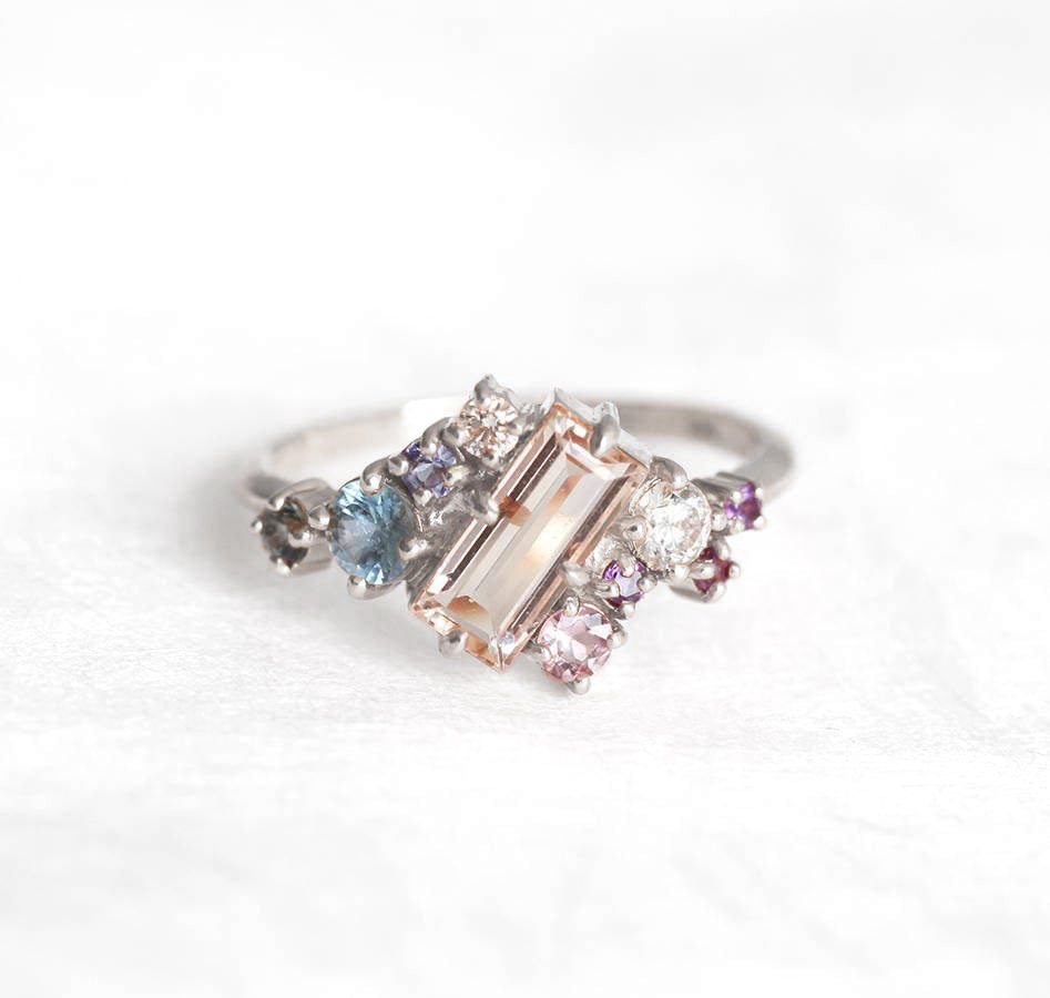 Watermelon Baguette Morganite Cluster Ring with Round Sapphires, White Diamonds and Amethysts