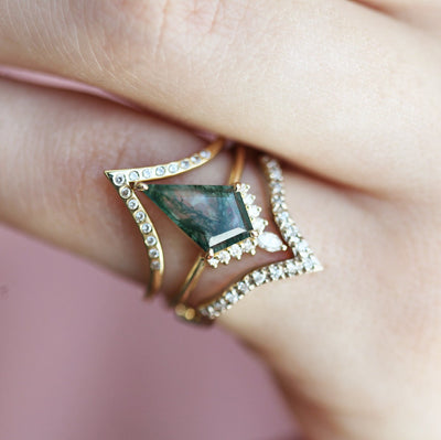 Kite Moss Agate Ring Set with Side Marquise-Cut and Round White Diamonds