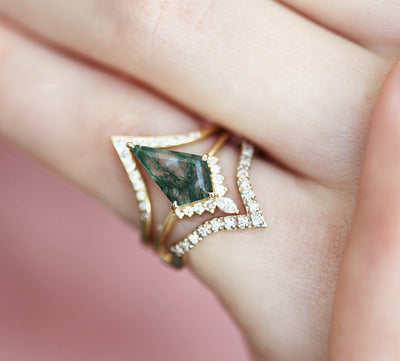 Kite Moss Agate Ring Set with Side Marquise-Cut and Round White Diamonds