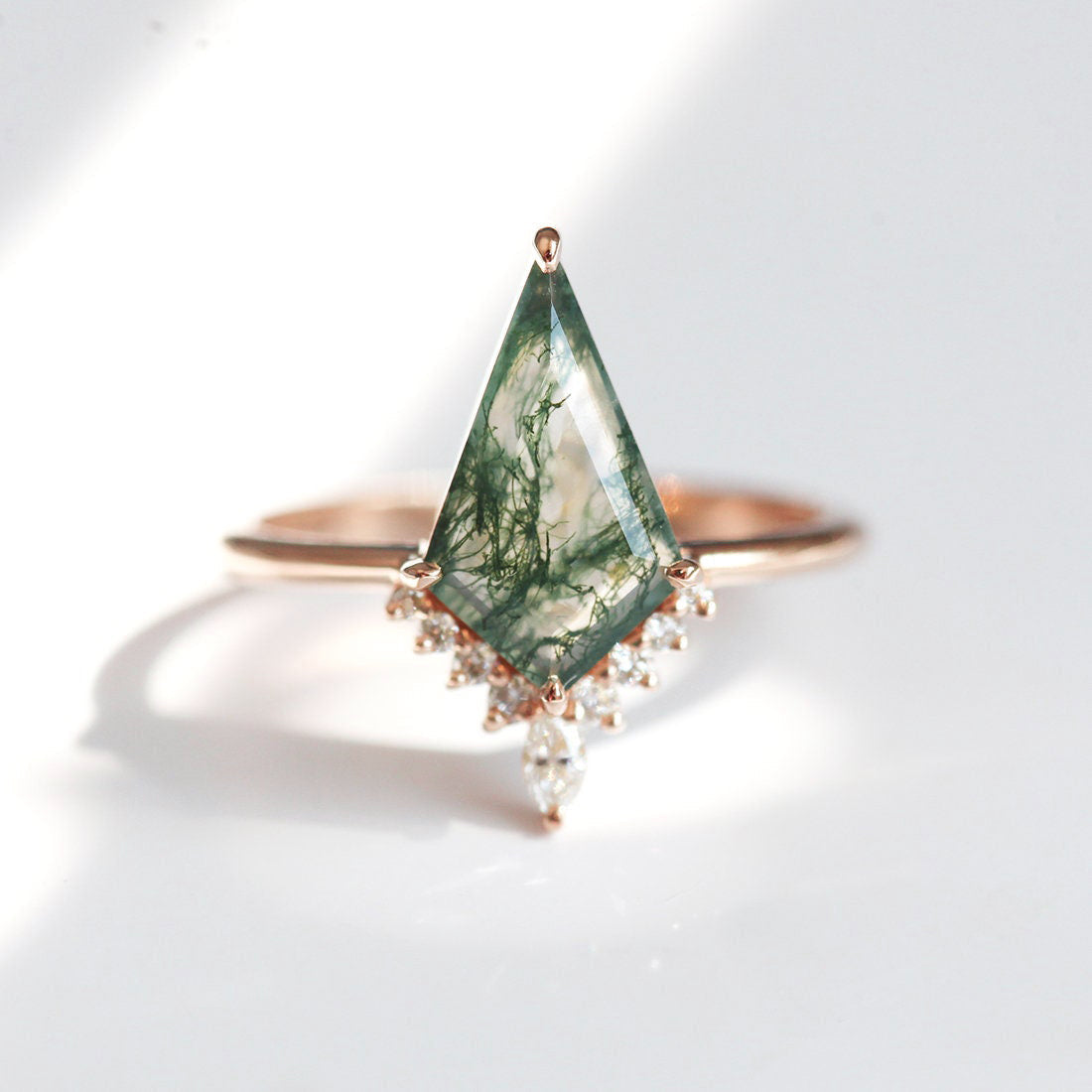 Kite Moss Agate, Rose Gold Ring with Side Marquise-Cut and Round White Diamonds 