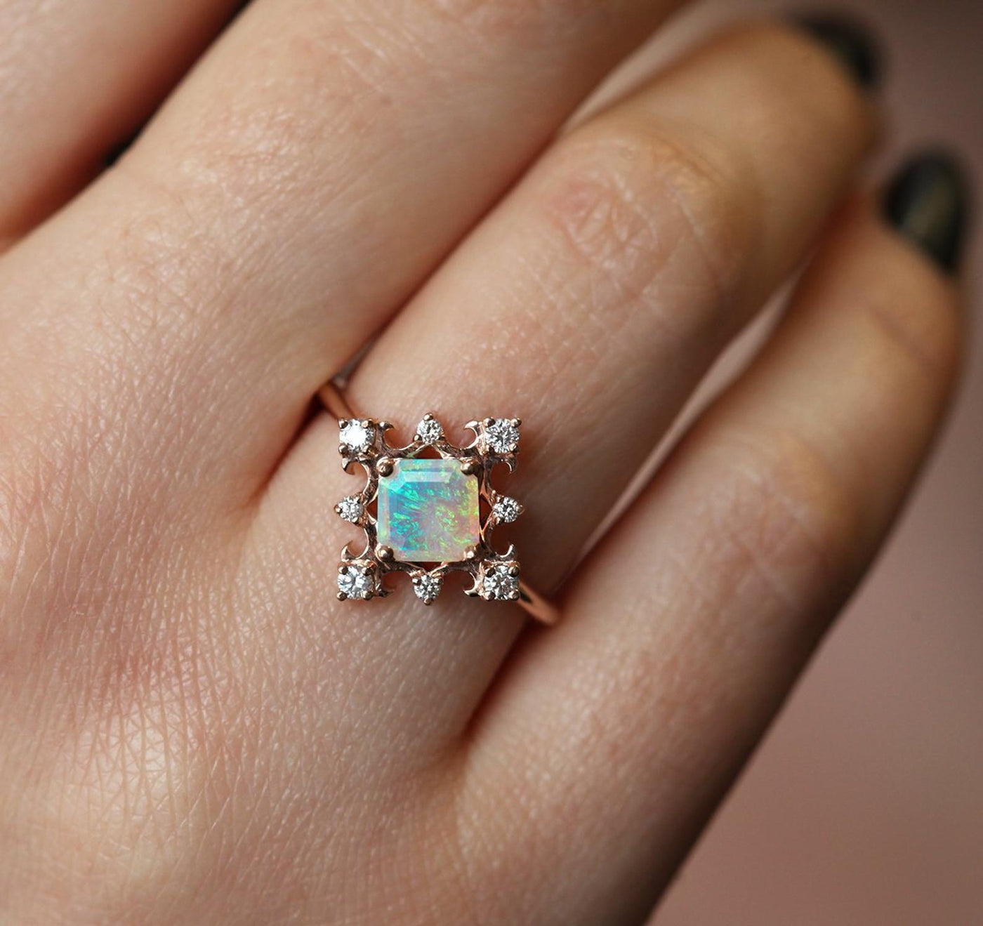 Gold Vintage Princess-Cut Opal Ring with Side Round White Diamonds