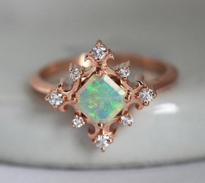 Gold Vintage Princess-Cut Opal Ring with Side Round White Diamonds