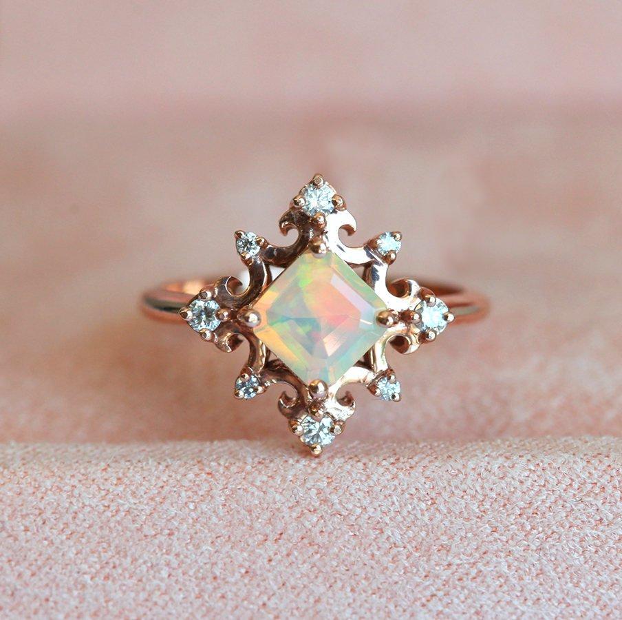 Gold Vintage Princess-Cut Opal Ring with Side Round White Diamonds