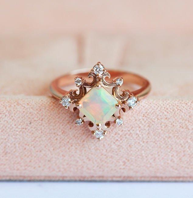 Gold Vintage Princess-Cut Opal Ring with Side Round White Diamonds