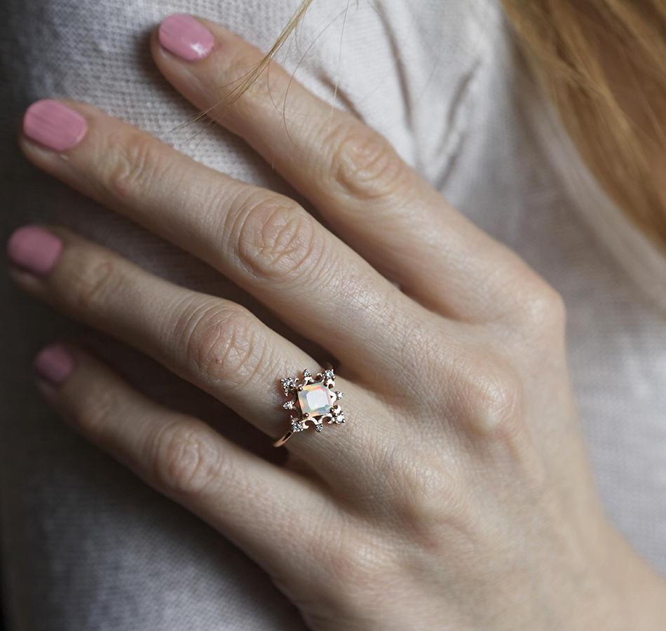 Gold Vintage Princess-Cut Opal Ring with Side Round White Diamonds