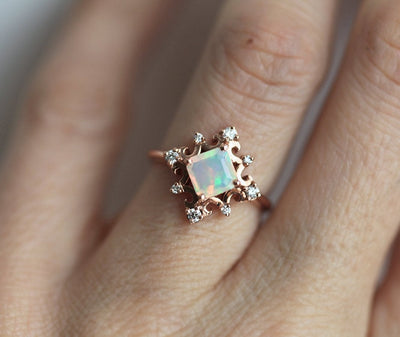 Gold Vintage Princess-Cut Opal Ring with Side Round White Diamonds