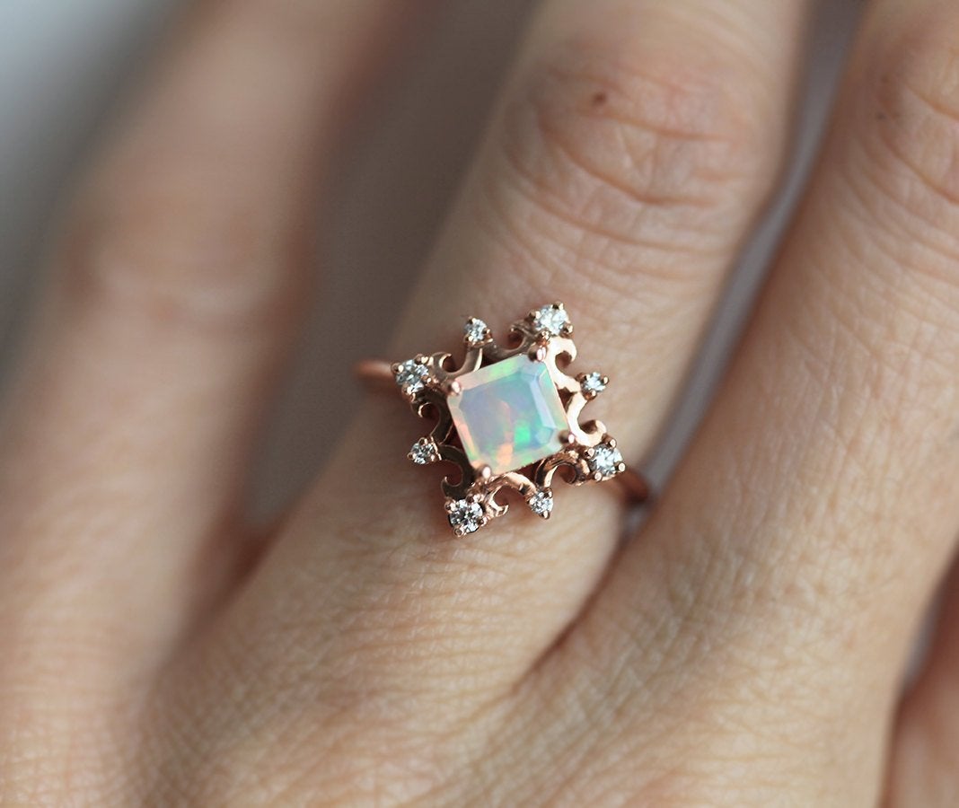 Gold Vintage Princess-Cut Opal Ring with Side Round White Diamonds