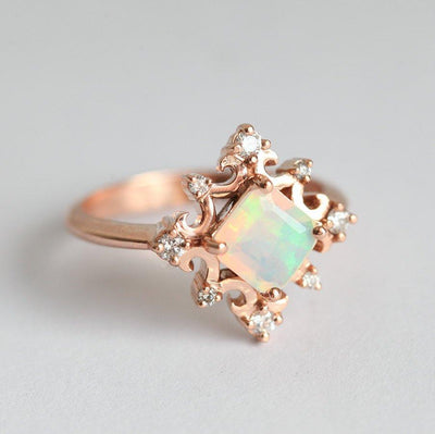 Gold Vintage Princess-Cut Opal Ring with Side Round White Diamonds