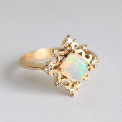 Gold Vintage Princess-Cut Opal Ring with Side Round White Diamonds