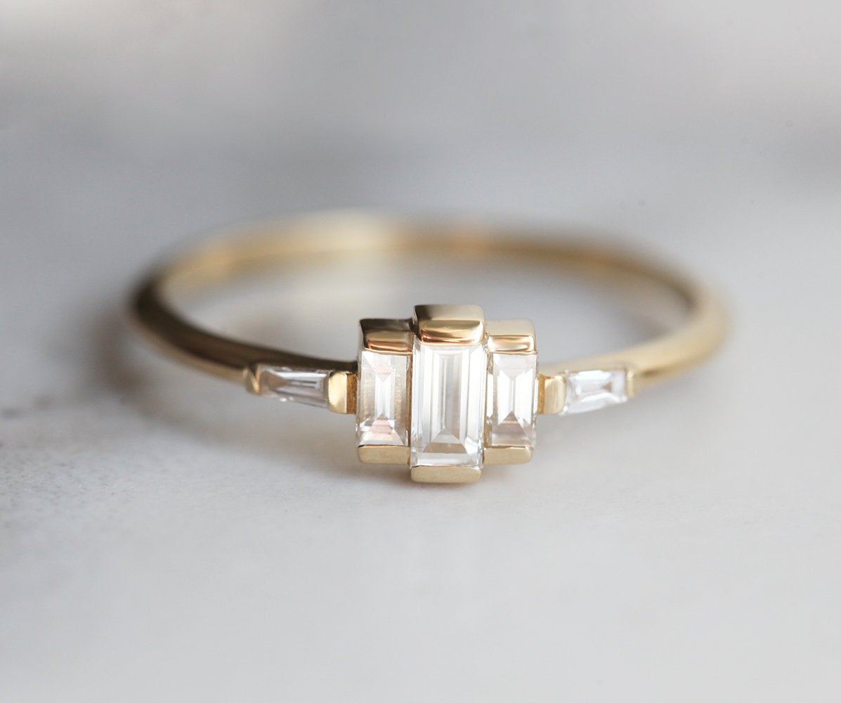 White baguette-cut diamond art deco ring
