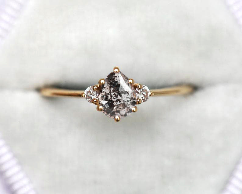 Pear Salt & Pepper Diamond, Yellow Gold Ring with 2 Side Round White Diamonds