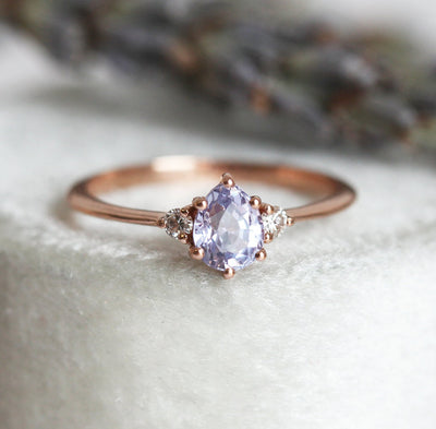 Pear Purple Sapphire Ring with 2 Side Round White Diamonds