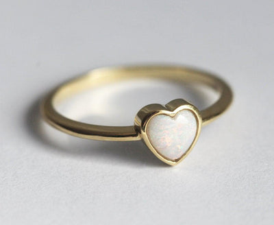 Heart-Shape White Opal Solitaire Yellow Gold Ring