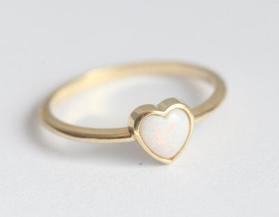 Heart-Shape White Opal Solitaire Yellow Gold Ring